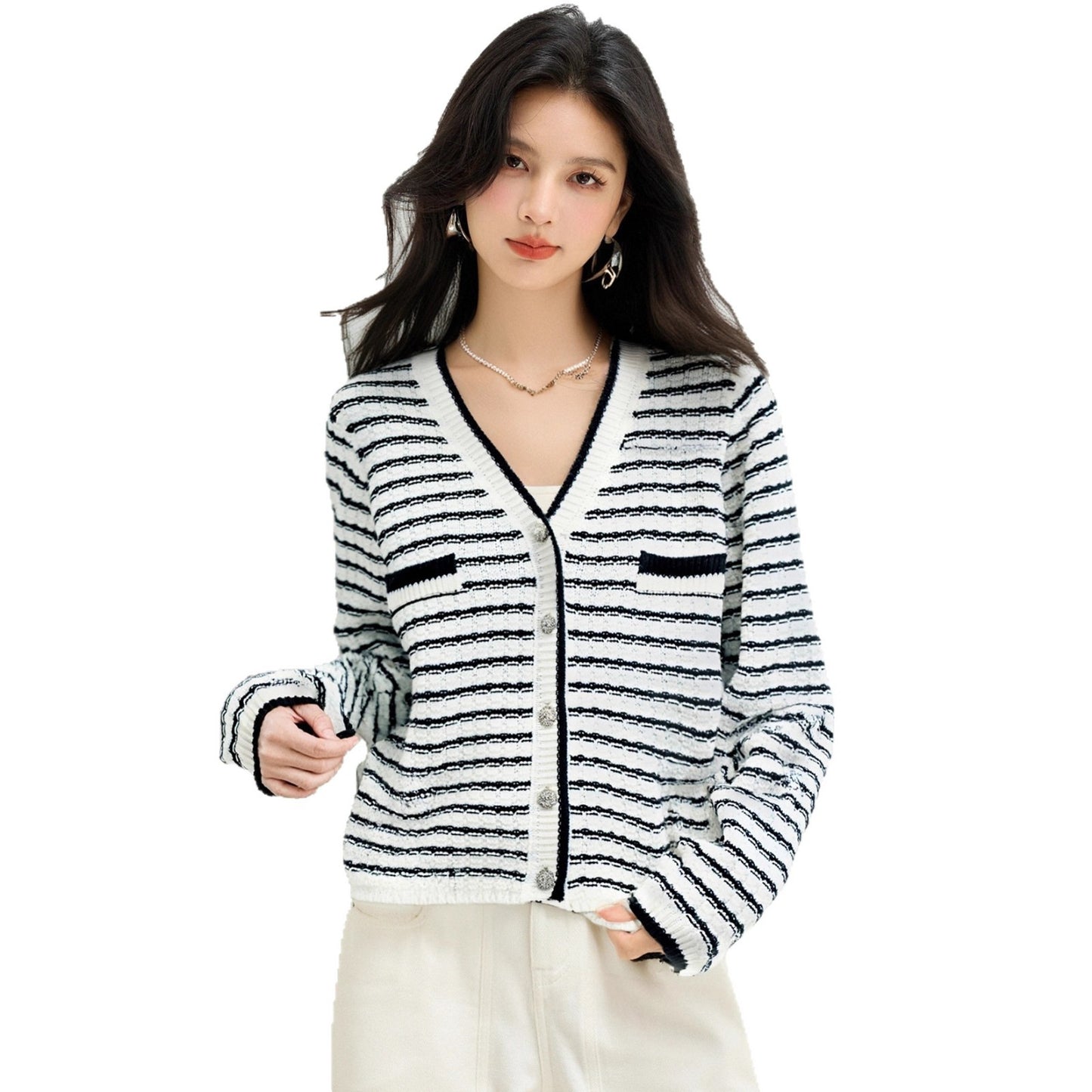 Style Minimalist Design Knit Top for Women, Stripe Cardigan, Charming V-Neck Sweater Jacket