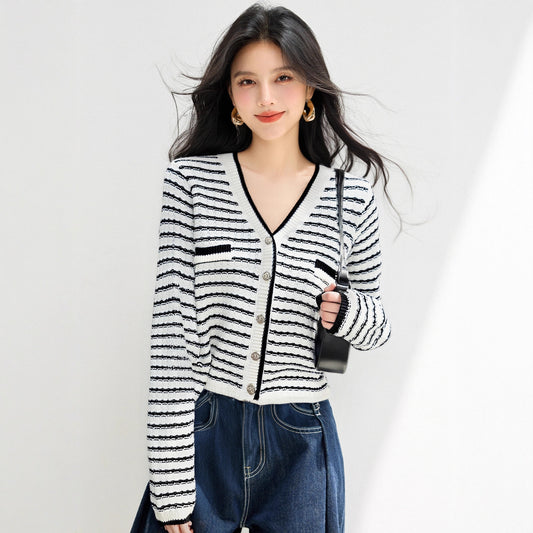 Style Minimalist Design Knit Top for Women, Stripe Cardigan, Charming V-Neck Sweater Jacket