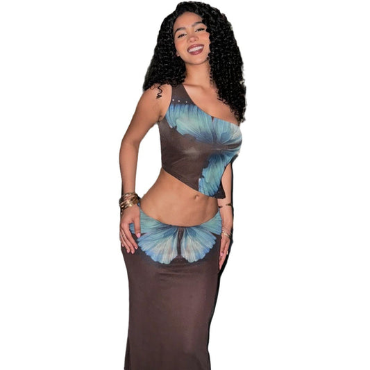 Slant shoulder exposed navel printed vest slim fit hip hugging half skirt set for women