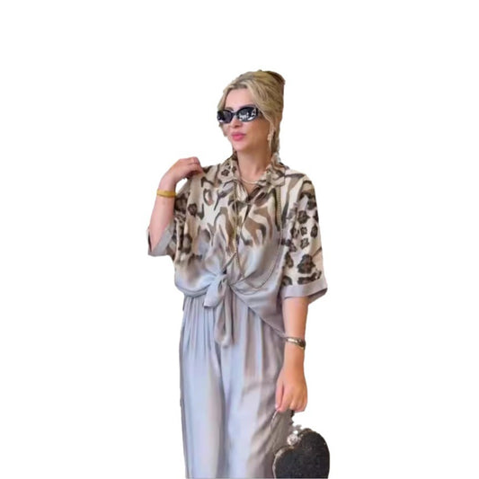 Irregular printed top split pants temperament two-piece set